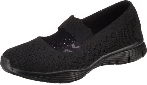 Skechers Women's Seager-Power Hitter-Engineered Knit Mary Jane Flat, Black/Black, 5