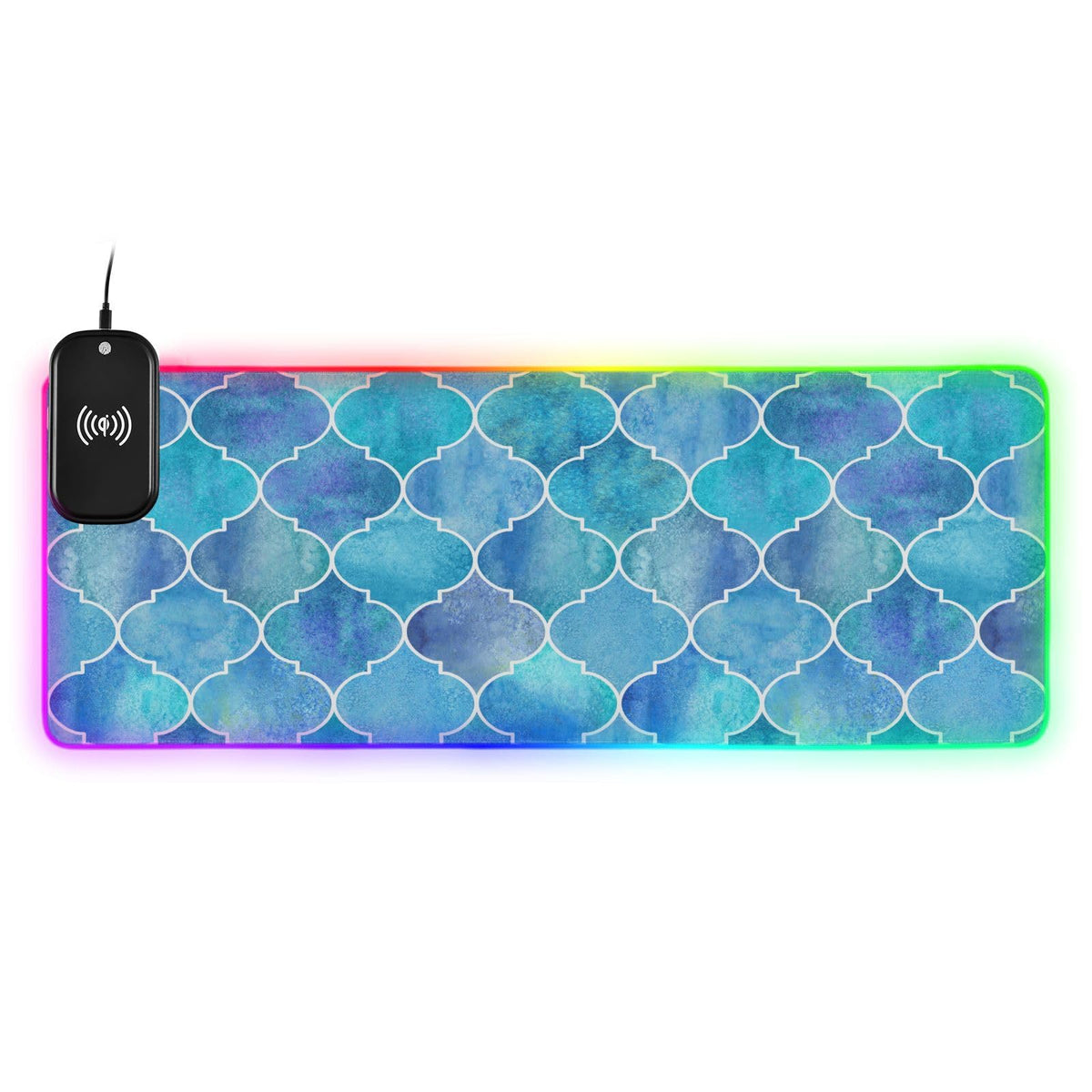 Biue Moroccan Style Wireless Charging Mouse Pad for Mobile Phone Extra Large Gaming Mousepad with 13 Lighting Modes Keyboard Mat for Gaming MacBook PC Laptop Desk Office Home