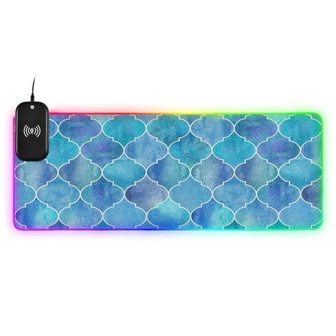 Biue Moroccan Style Wireless Charging Mouse Pad for Mobile Phone Extra Large Gaming Mousepad with 13 Lighting Modes Keyboard Mat for Gaming MacBook PC Laptop Desk Office Home