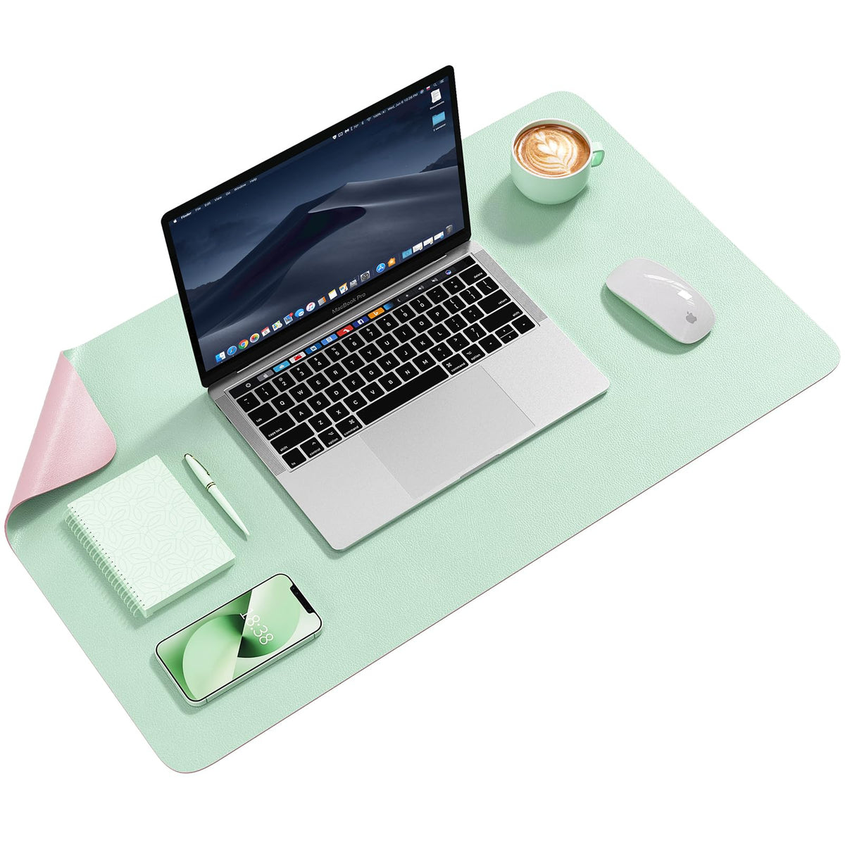 Crenovo Non Slip Desk Mat, 23.6" x 13.7" PU Leather Desk Protector, Waterproof Large Mouse Pad, Non Slip Desk Mat for Desktop, Desk Pad for Keyboard and Mouse, Office and Home, Green x Pink