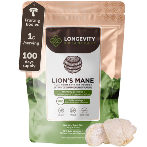 Lions Mane Mushroom Powder - Ultra Concentrated Lions Mane Mushroom Supplement - Promotes Mental Clarity, Focus and Memory - 100% Fruiting Body - 100 Grams - Longevity Botanicals