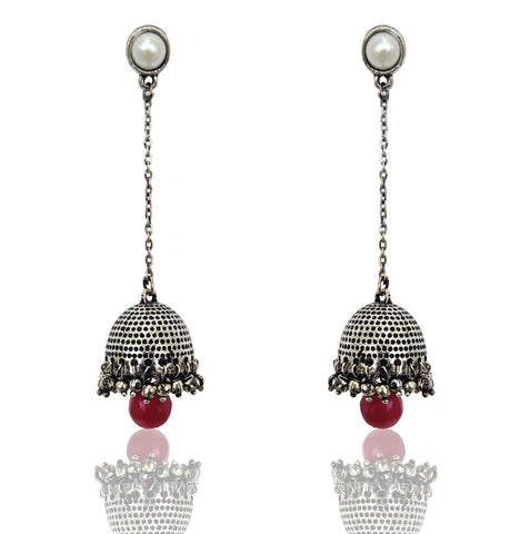 Moonstruck Traditional Long Indian Jhumka Jhumki Golden Dangle Earrings With Pearl For Women (Oxidized), Metal