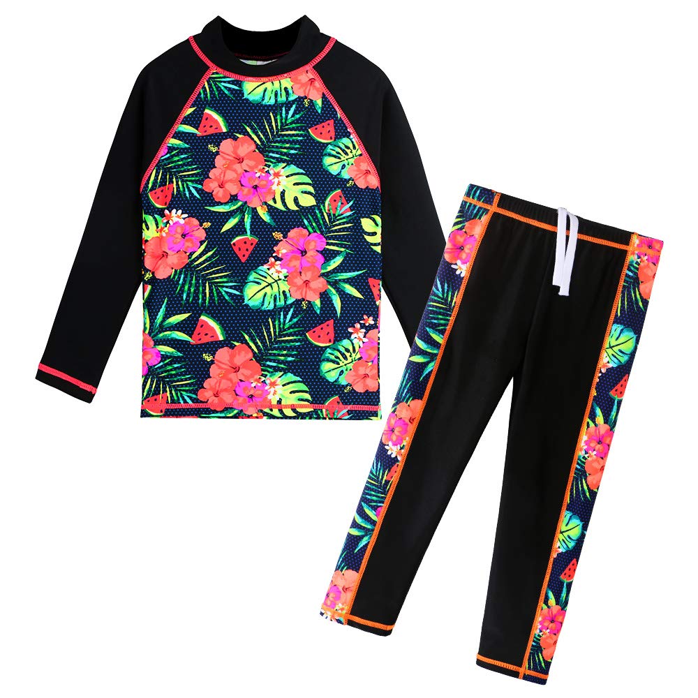 Girls Two Piece Swimsuit Floral UPF 50+ Rash Guard Set Kids Swimwear S301_BlackFlower_6A
