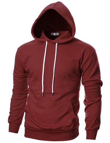 Ohoo Mens Slim Fit Basic Pullover Hoodies Sweatshirt Lightweight Long Sleeve with Kanga Pocket / DCF010-BURGUNDY-3XL