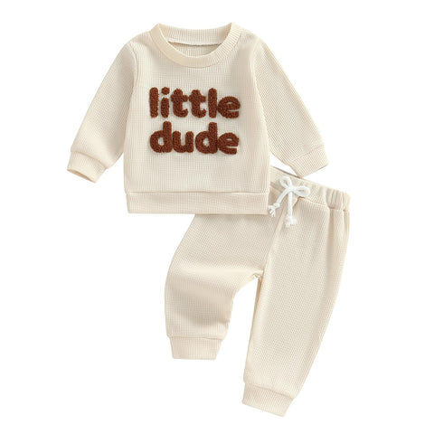 Infant Toddler Baby Boy Girl Fall Winter Clothes 2Pcs Set Long Sleeve Solid Color Sweatshirt Pullover Tops Letter Embroidery + Elastic Waist Pants Trousers Outfits Tracksuit (Beige, 6-12 Months)