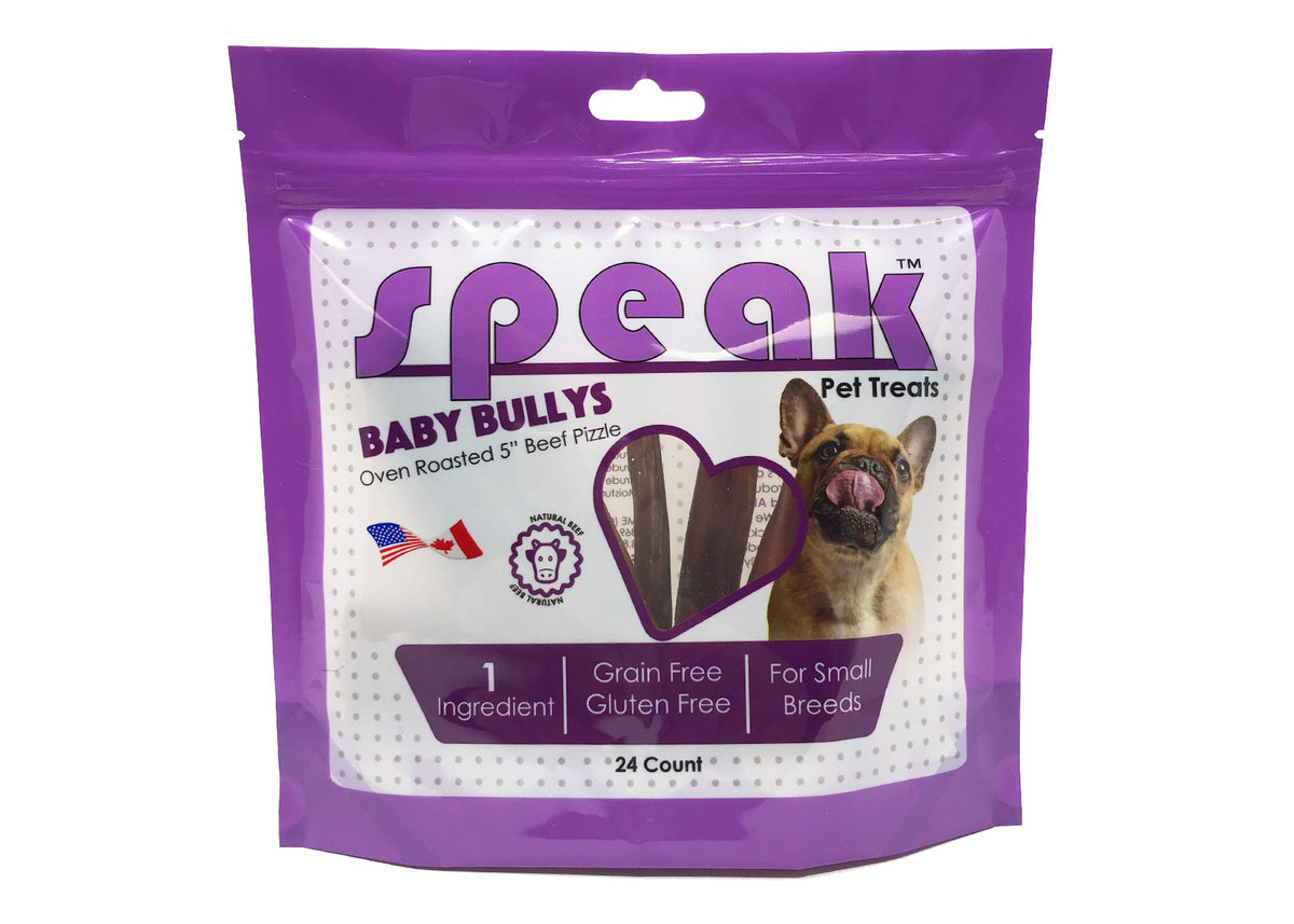 Speak Dog Treats Baby Bullys, Natural Gluten and Grain Free Low Calorie 5 Inch Beef Chews for Small Breeds, Perfect Alternative for Rawhide, 24 Count