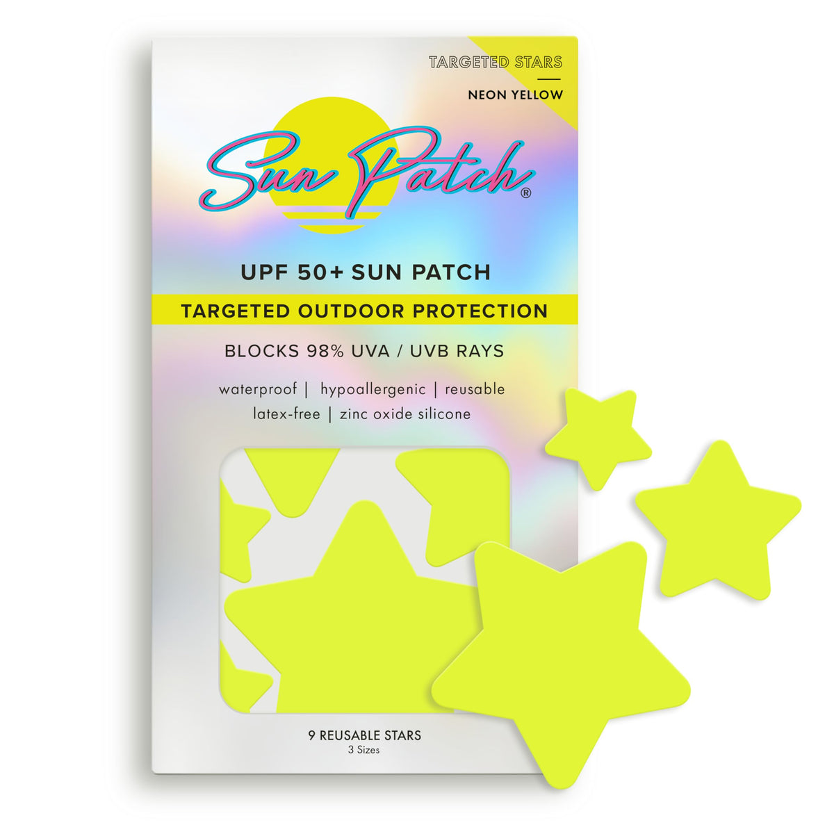 Sun Patch, Hypoallergenic Sun-Screen Star Shaped Patches, 100% Silicone UPF-50 UV Protection, Reusable, 1 Pack/10 Stars, Yellow
