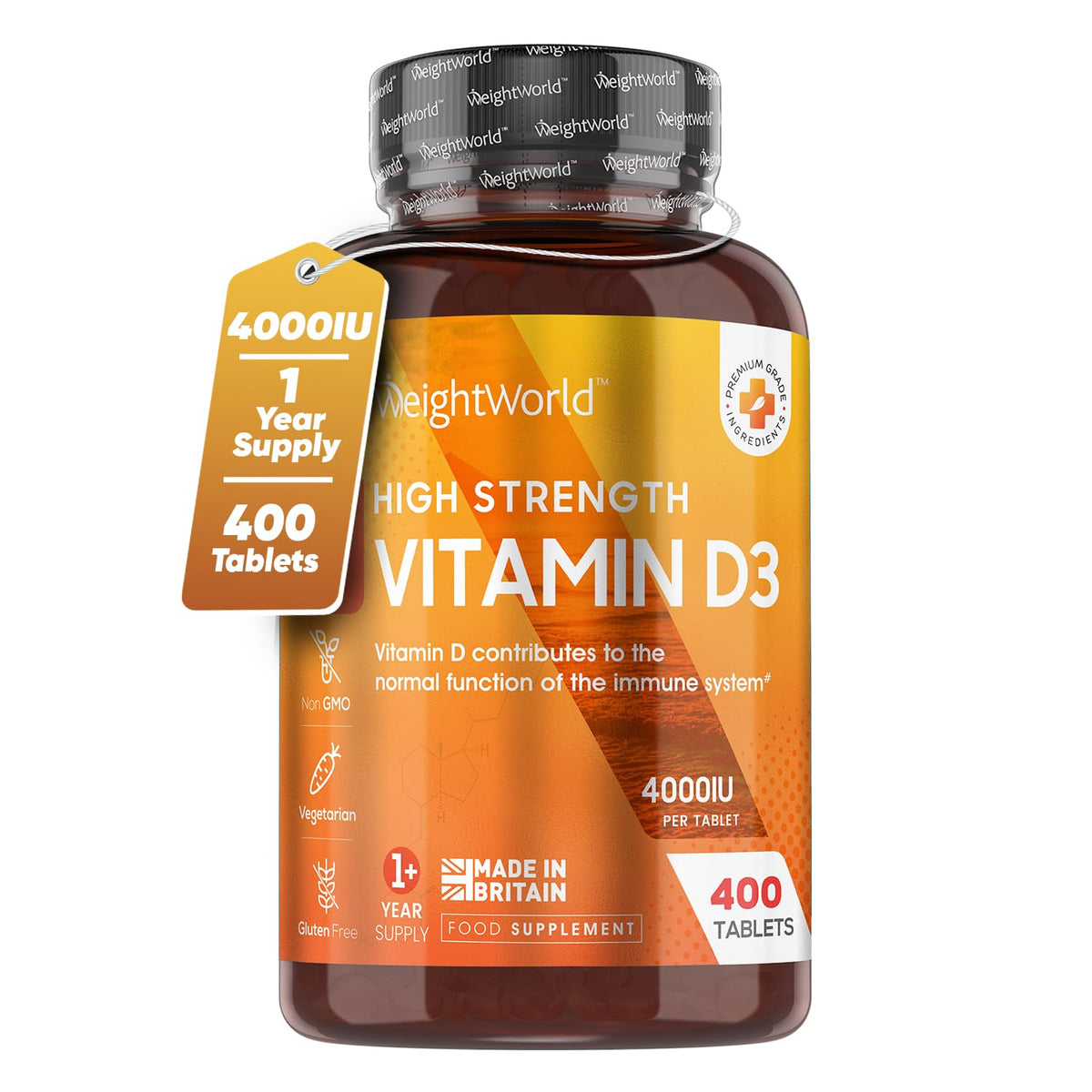 Vitamin D3 4000 IU - 400 High Strength Vitamin D Tablets (1+ Year Supply) - Vegetarian Immune System Vitamins - One A Day Vitamin D Supplement - VIT D3 As Cholecalciferol - Made in The UK