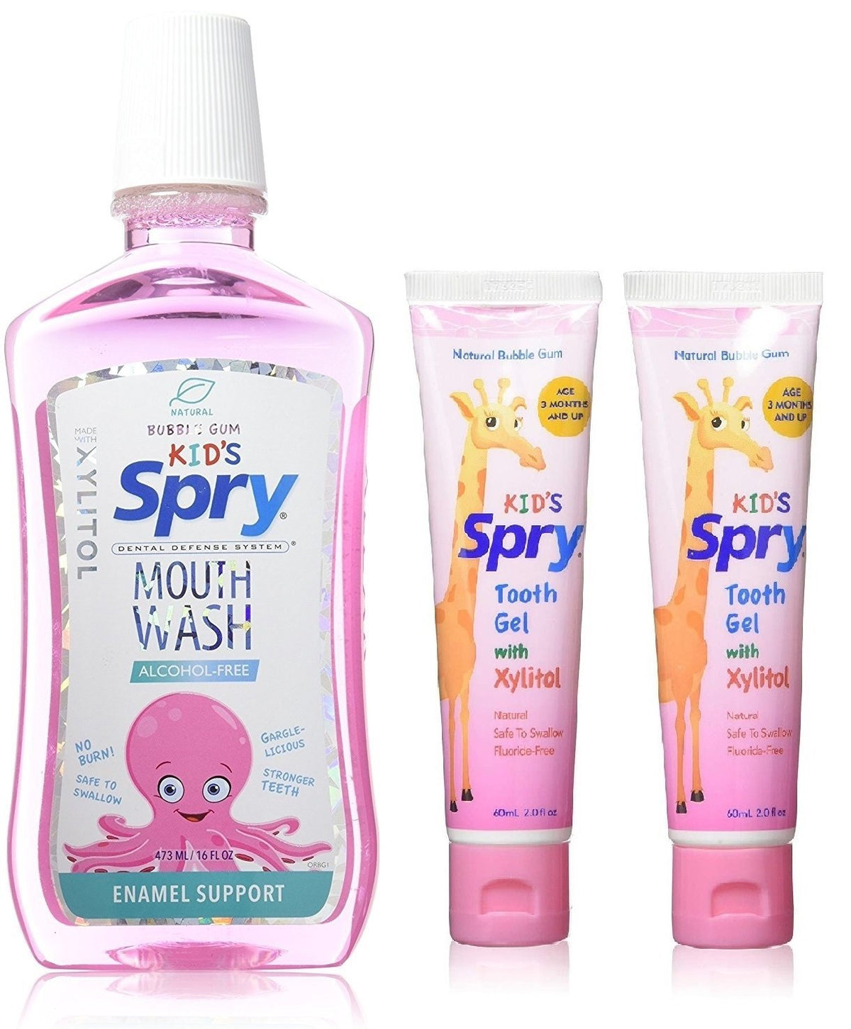 Spry Natural Bubble Gum, Kid's Alcohol-Free Xylitol Mouthwash16 fl oz 1 Count + Xlear Kids's Tooth Gel with Natural Xylitol 2 fl oz 2 Count (Bundle Pack)