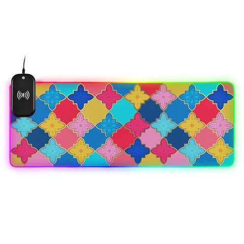 Boho Mandala Wireless Charging Mouse Pad for Mobile Phone Extra Large Gaming Mousepad with 13 Lighting Modes Keyboard Mat for MacBook PC Laptop Office Home Gaming