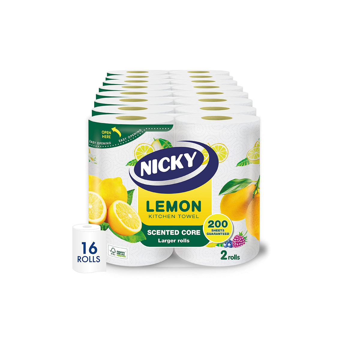 Nicky Lemon Kitchen Towel - Pack of 16 Rolls | 100 2-Ply Sheets per Roll | Absorbent | Easy Opening | Lemon Scented Core | Unique Embossing | Decorated Sheets | 100% FSC Certified Paper