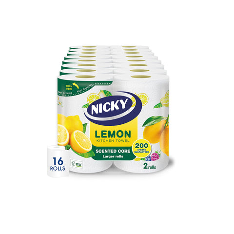 Nicky Lemon Kitchen Towel - Pack of 16 Rolls | 100 2-Ply Sheets per Roll | Absorbent | Easy Opening | Lemon Scented Core | Unique Embossing | Decorated Sheets | 100% FSC Certified Paper