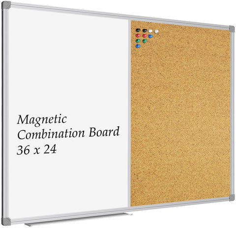 JILoffice White Board & Bulletin Corkboard Combination, Combo Board 36 x 24 Magnetic Whiteboard, Silver Aluminum Frame Wall Mounted Board for Office Home and School with 10 Push Pins