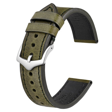 BISONSTRAP Italian Leather Watch Straps, Oil Wax Calfskin Replacement Bands, 22mm, Olive Green