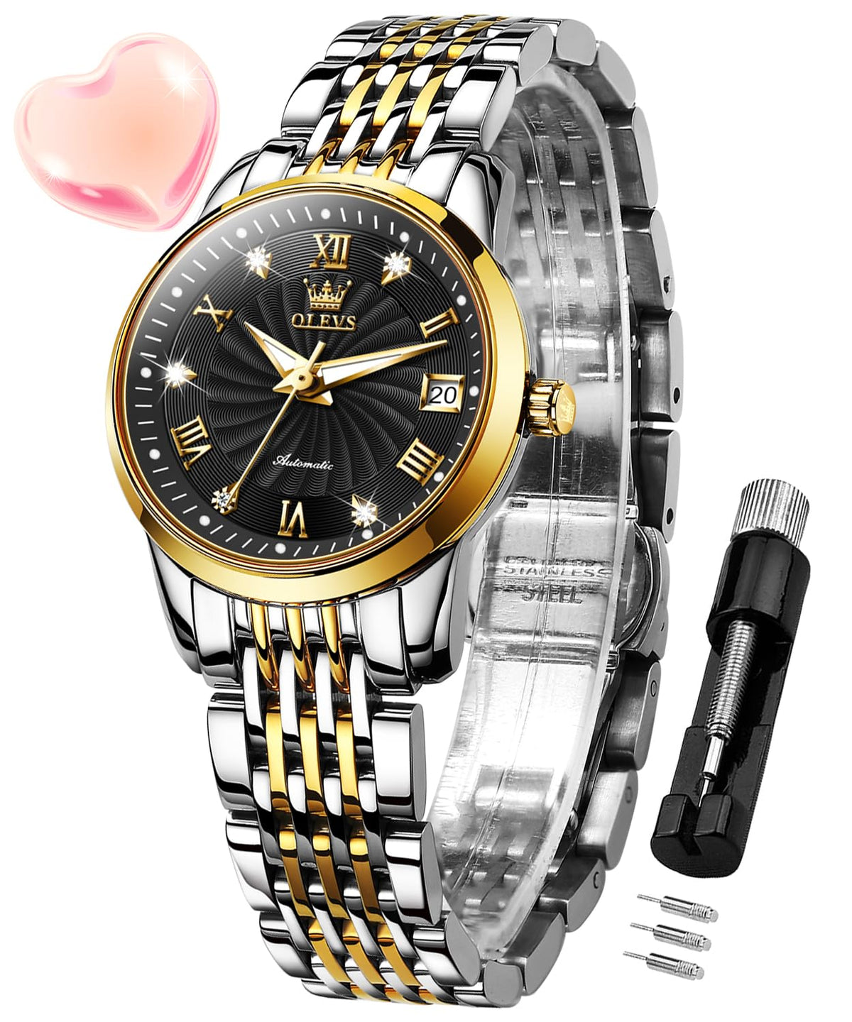 OLEVS Womens Automatic Watch Diamond Fashion Luxury Dress Mechanical Self Winding Stainless Steel Ladies Wrist Watches for Women Luminous Waterproof