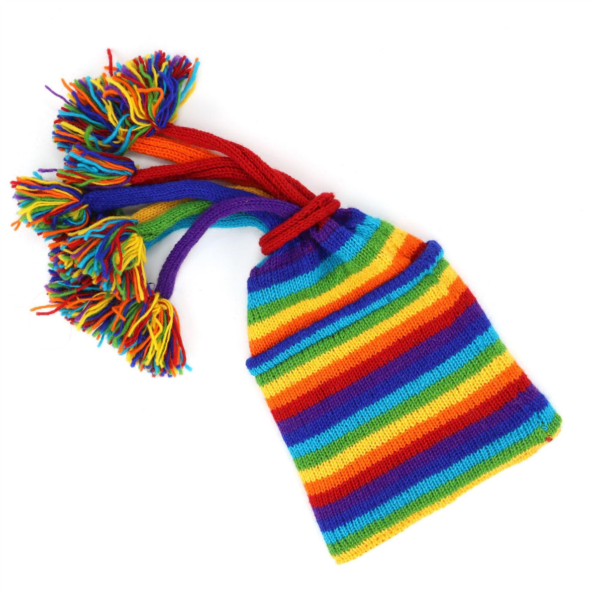 LoudElephant Hand Knitted Beanie Fountain Tassel Hat - Stripe Bright Rainbow