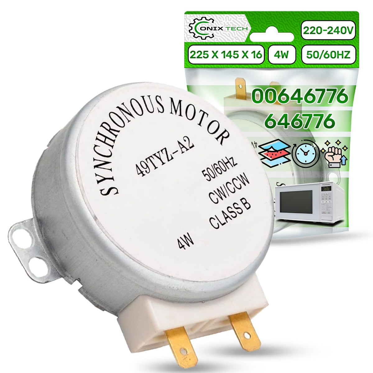 Microwave Plate Synchronous Motor 49TYZ-A2 with Power 4W, Speed 5Rpm, Direction CW/CCW 220-240V 50/60Hz - Shaft has Height 17 mm and Diameter 7 mm - Warranty 5 Years - ONIX TECH