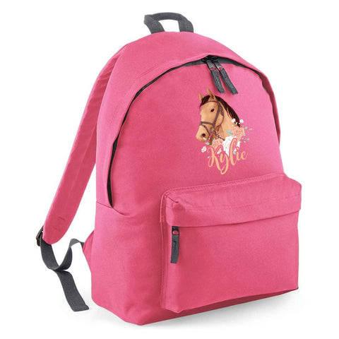 Personalised Horse Head Backpack, Girls Back to School Bag, Custom Gifts for Kids Who Loves Horse Riding, Primary and Nursery Child Back Pack, Boys and Girls, One Size, Bright Pink