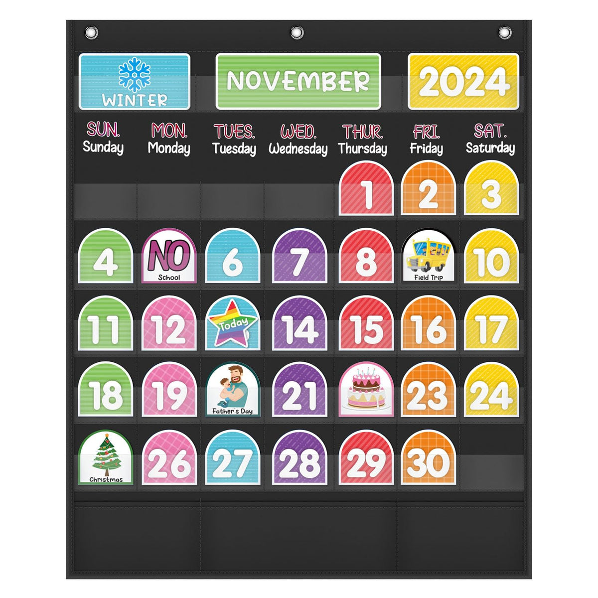 Mewise Monthly Calendar Pocket Chart with 92 Activity Cards for Kids,Simplified Calendar Pocket Chart for Kids Easy Learning,Classroom/Teacher Must Have Supplies/School Decor (Black English)