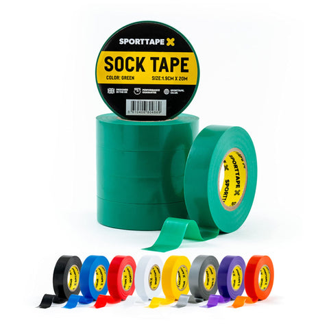 SPORTTAPE 6 Rolls Sock Tape - Green - 1.9cm x 20m | PVC Football, Soccer & Rugby Boot Tape - Best for Keeping Up Socks, Shin Pads, Shin Guard Tape | Securing Lifting Blocks & Ear Tape