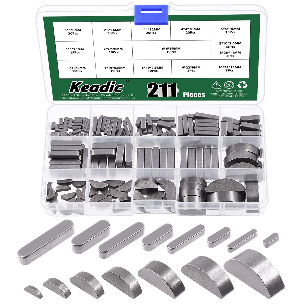 Keadic 211Pcs 15 Size Metric Woodruff Key Assortment Set, Carbon Steel Half Moon and Round Ended Parallel Drive Shaft Keys for Mechanical Industry Fasteners