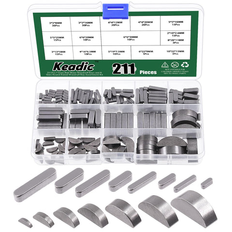Keadic 211Pcs 15 Size Metric Woodruff Key Assortment Set, Carbon Steel Half Moon and Round Ended Parallel Drive Shaft Keys for Mechanical Industry Fasteners