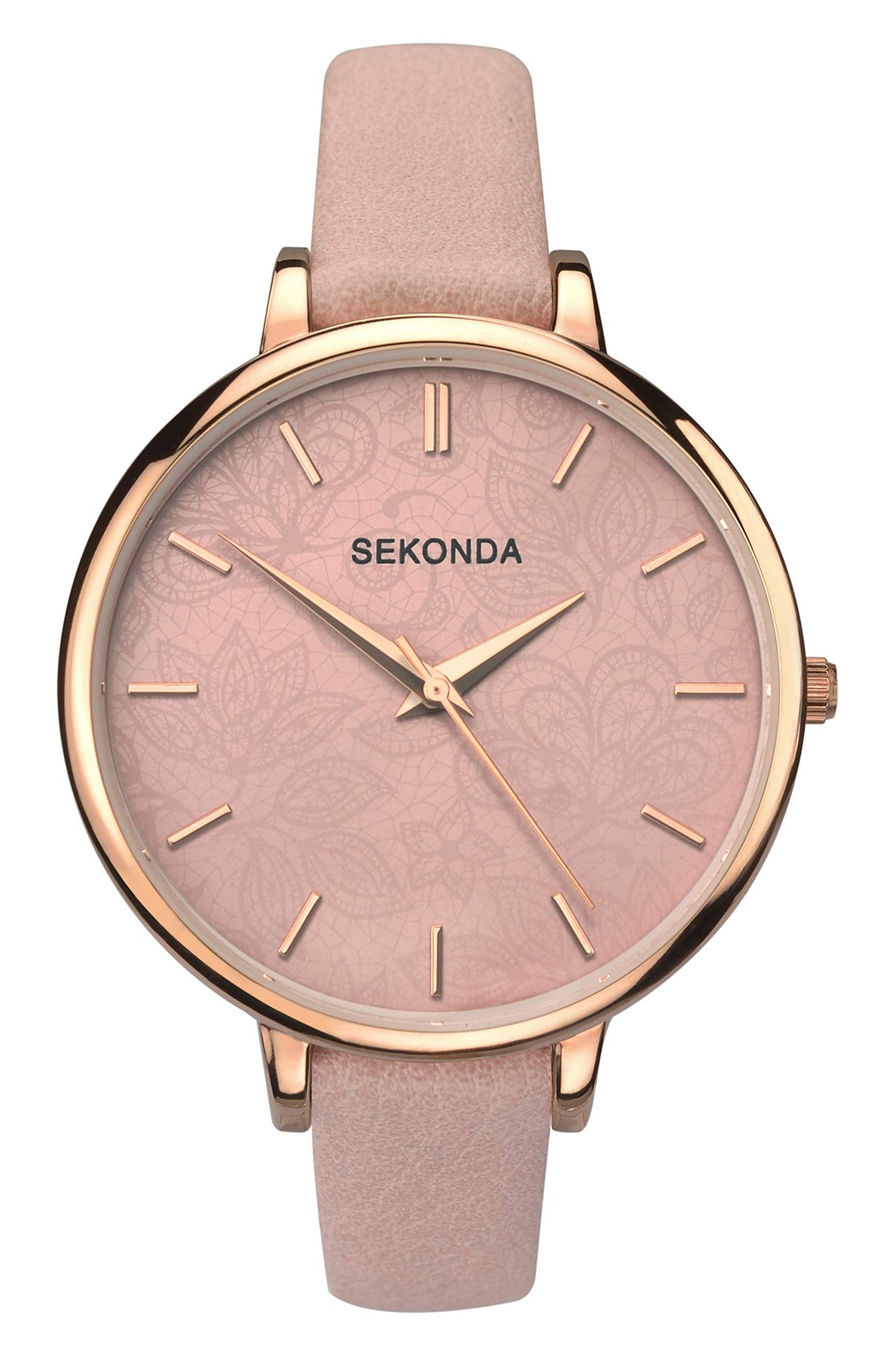 Sekonda Women's 40mm Analogue Rose Gold 3 Hand Quartz Watch with Patterned Pink Dial and Dusty Pink Strap with Rose Gold Buckle and Mineral Glass