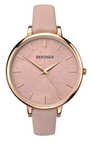 Sekonda Women's 40mm Analogue Rose Gold 3 Hand Quartz Watch with Patterned Pink Dial and Dusty Pink Strap with Rose Gold Buckle and Mineral Glass