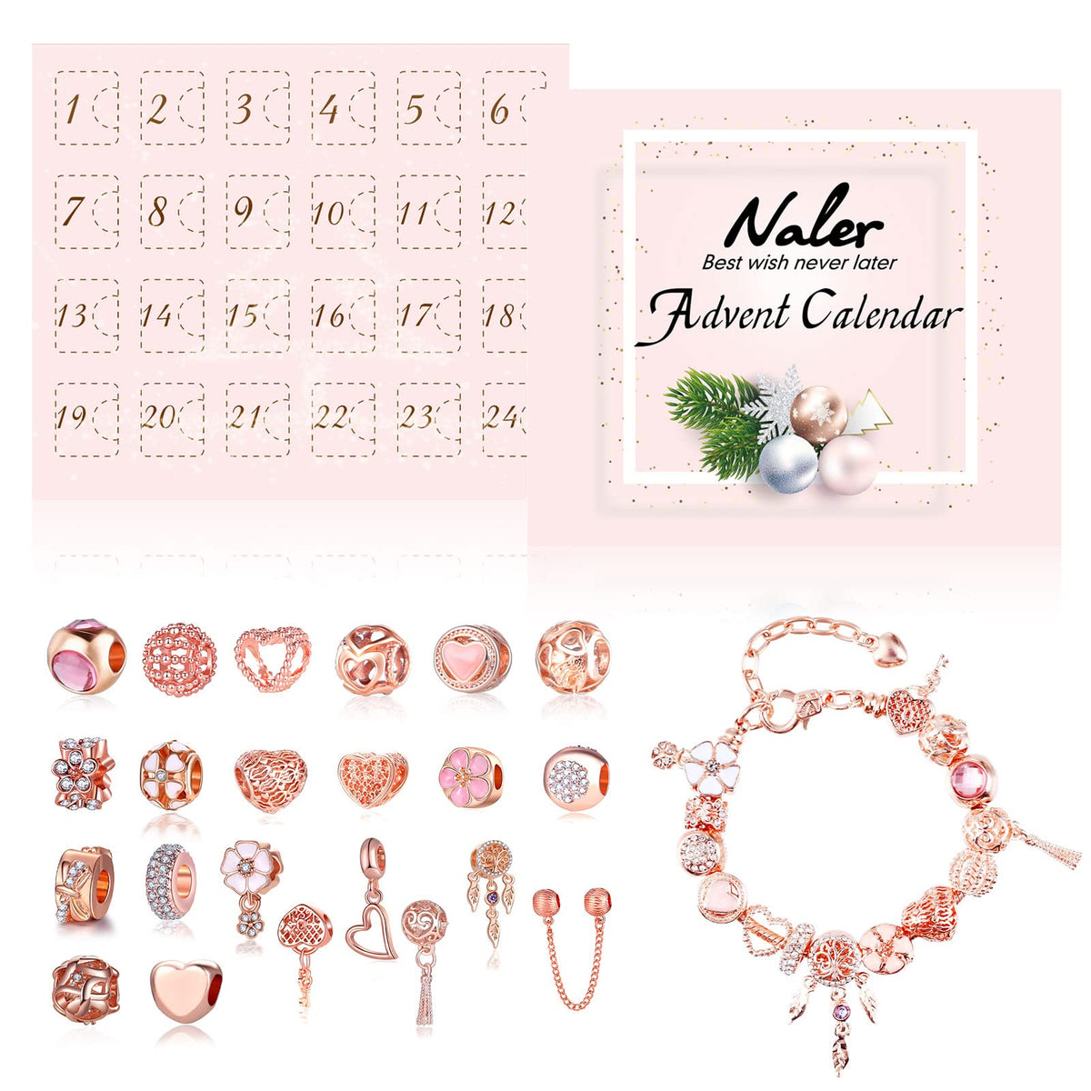 Naler Advent Calendars 2024, Advent Jewelry Pendant Charms Gift for Girls Women DIY Fashion Bracelet Necklace Xmas Countdown Countdown Calendar Gifts, Rose Gold