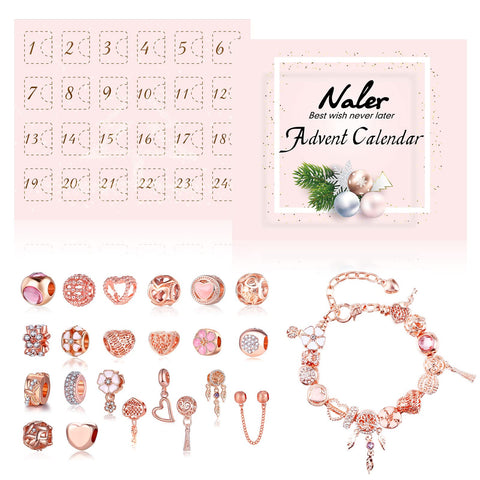 Naler Advent Calendars 2024, Advent Jewelry Pendant Charms Gift for Girls Women DIY Fashion Bracelet Necklace Xmas Countdown Countdown Calendar Gifts, Rose Gold