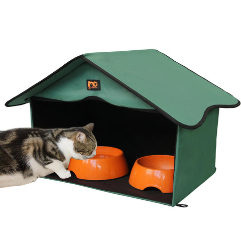 GeerDuo Outdoor Cat House, Waterproof Pet Shelter/Dining Room, for Feral/Community Cats (Green, L)