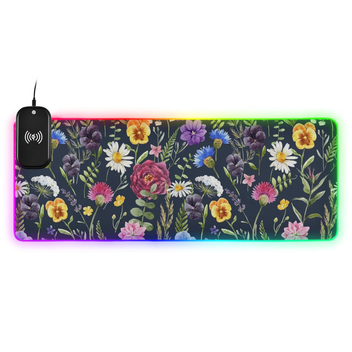 Floral Daisy Wireless Charging Mouse Pad for Mobile Phone Extra Large Gaming Mousepad with 13 Lighting Modes Extended Desk Mat for Office Home Gaming MacBook PC Laptop Desk