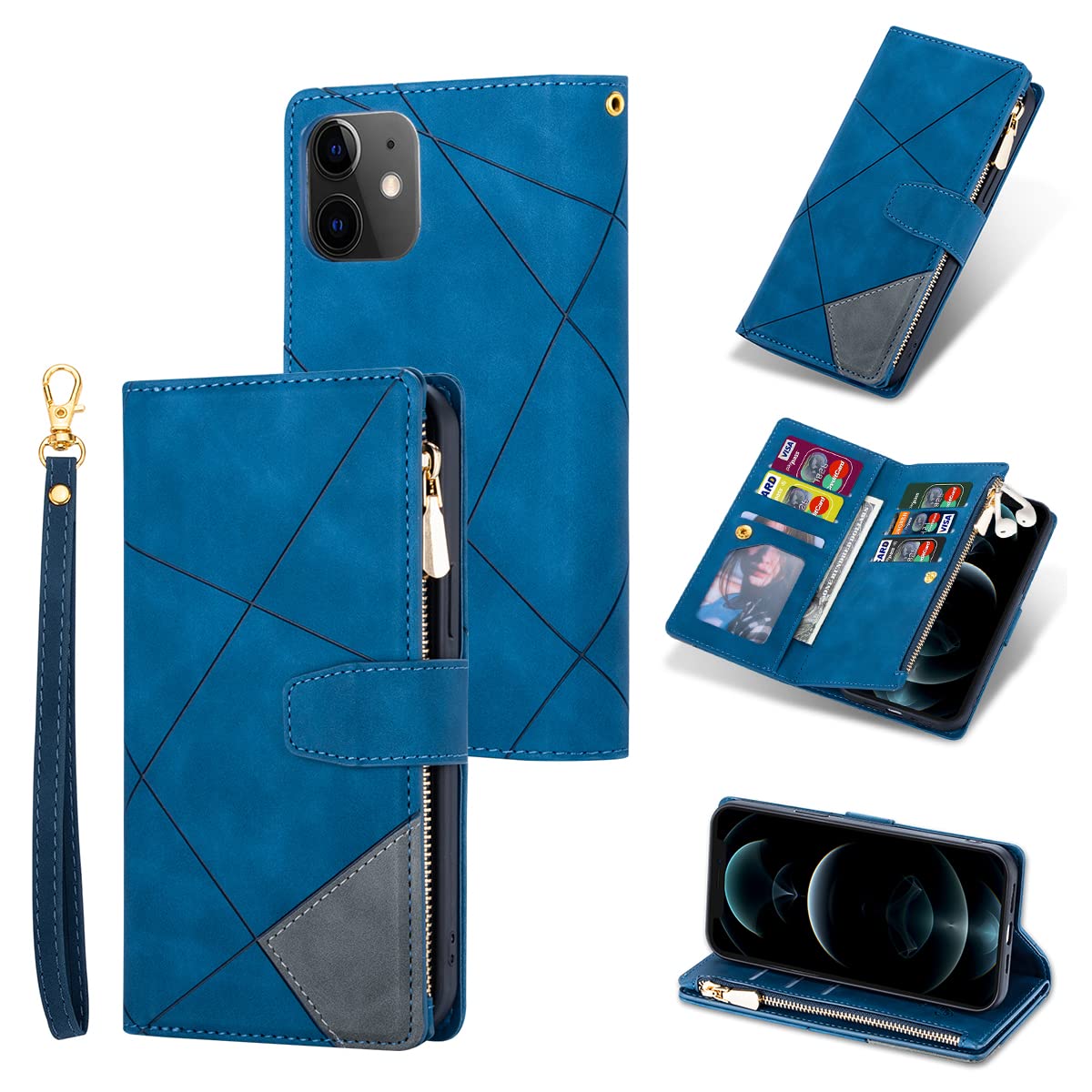 UEEBAI Wallet Case for iPhone 12 Mini 5.4 inch, Vintage Premium PU Leather Cover Flip Case with Card Slots Magnetic Closure Zipper Pocket Kickstand Handbag with Hand Strap - Diamond Blue