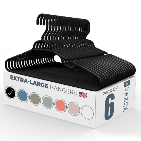 06pk Extra Large Hangers for Plus Size Clothes - Heavy Duty Hangers Oversized - Extra Wide Plastic Coat Hanger for Uniforms, Jerseys, Jackets - Big and Tall Hangers for Men - Large Hangars (Black)