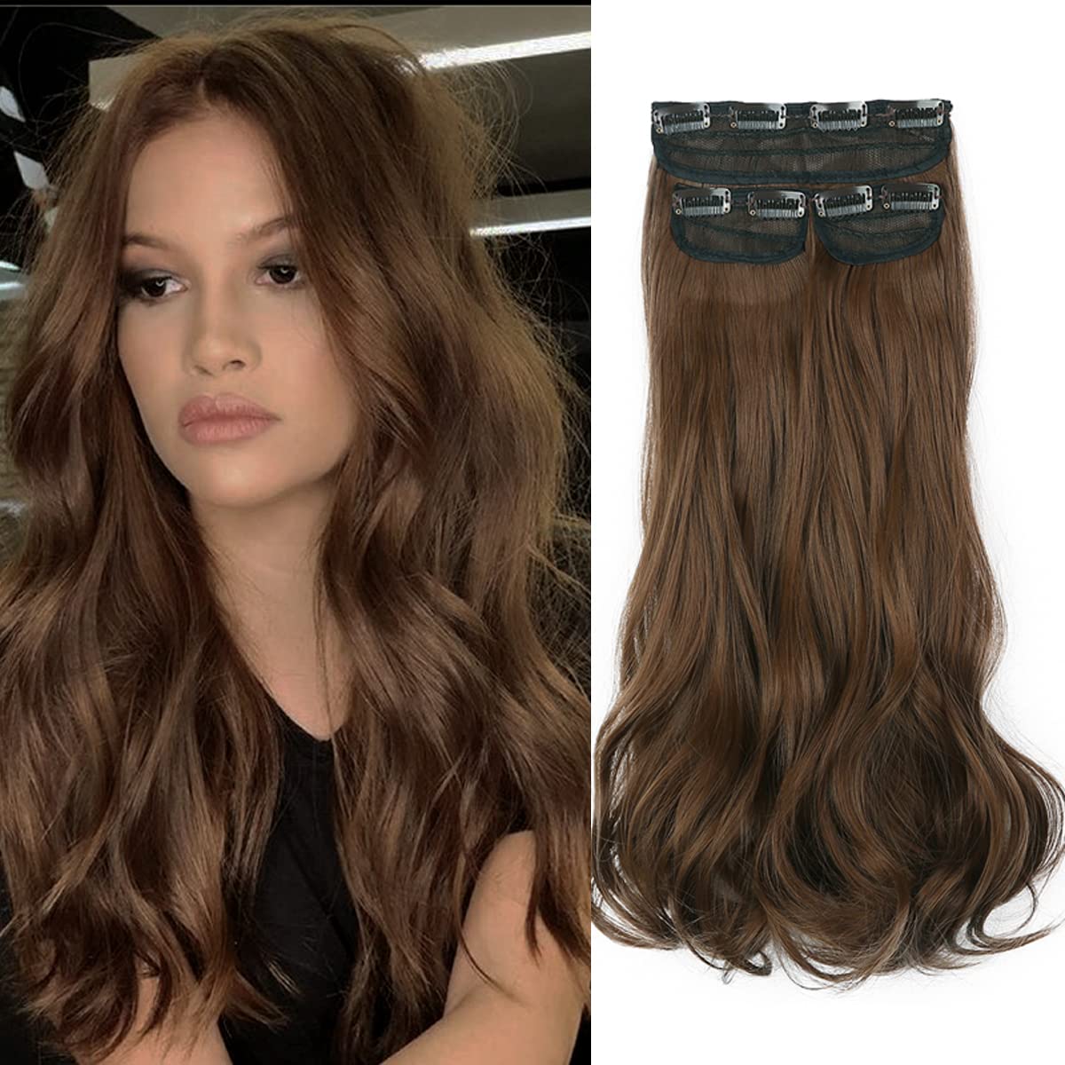 Light Brown Hair Extensions 3PCS Set 24" 220g Wavy Invisible Adjustable Not Heavy But Easy To Use Full Head Hidden Crown Synthetic Hair Extensions Light Auburn