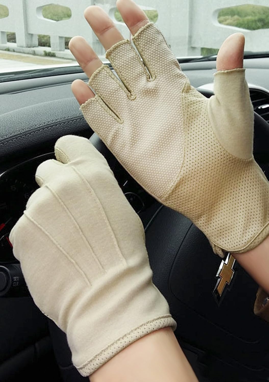 JIAHG Mens Driving Gloves Summer UV Sun gloves Non Slip Touchscreen Cotton Gloves Outdoor Sunblock Gloves for Cycling Motorcycle (beige)