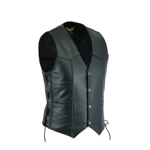 Men Premium Top Grain Cowhide Classic Motorcycle Leather Waistcoat Vest with Side Laces Black (XL)