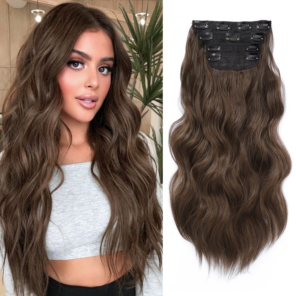 Hair Extensions Clip in 4PCS Medium Brown 20Inch Hair Extension Long Wavy Full Head Clip in Hair Extension Synthetic Fiber Hair Pieces for Women