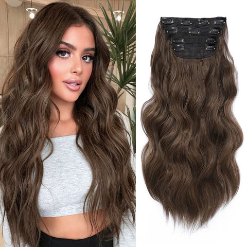 Hair Extensions Clip in 4PCS Medium Brown 20Inch Hair Extension Long Wavy Full Head Clip in Hair Extension Synthetic Fiber Hair Pieces for Women