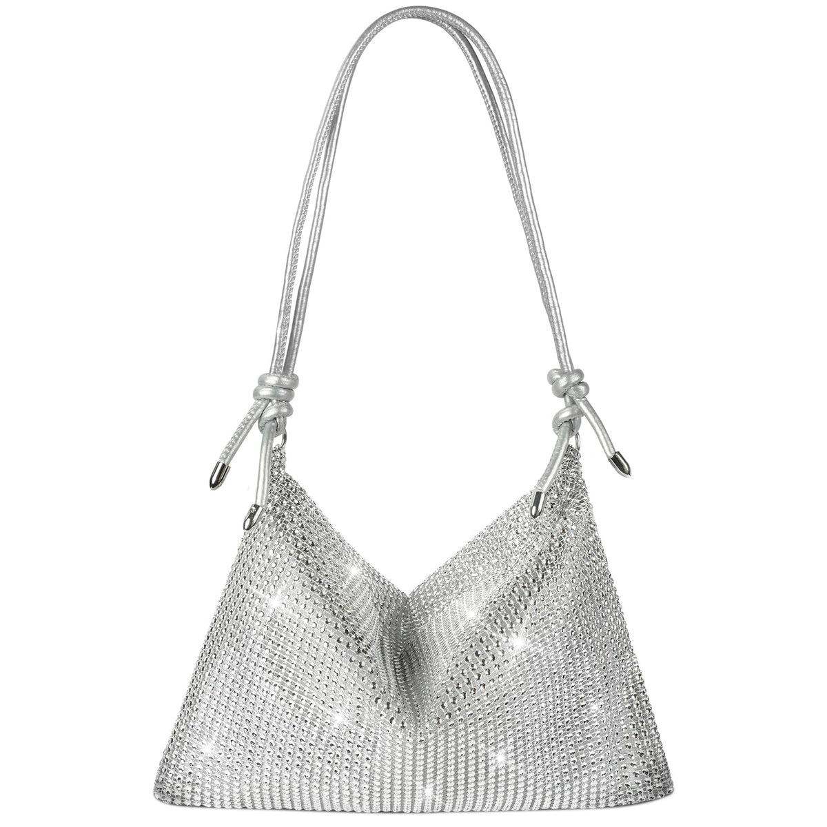 OSDUE Rhinestone Crossbody Bag, Women Silver Clutch Bag, Sparkly Rhinestone Purses, Evening Handbag Purse, One Size Cocktail Wedding Engagement Bag Purse For Party Bridal Night Bag (Round Strap Style)