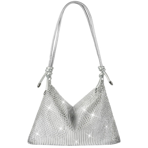 OSDUE Rhinestone Crossbody Bag, Women Silver Clutch Bag, Sparkly Rhinestone Purses, Evening Handbag Purse, One Size Cocktail Wedding Engagement Bag Purse For Party Bridal Night Bag (Round Strap Style)