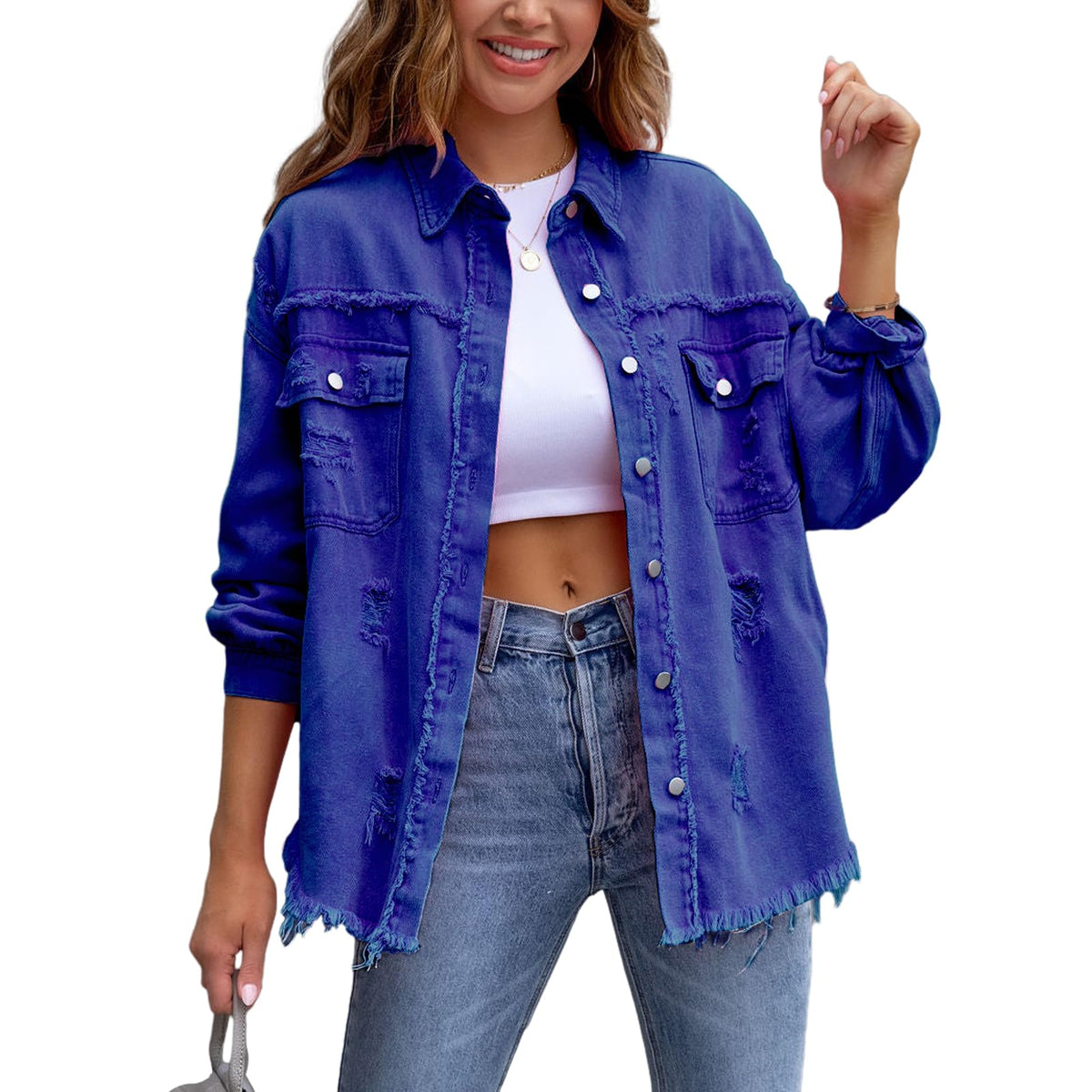Bornpom Jean Jacket Womens Denim Jacket Oversized Long Sleeve Denim Shacket Lightweight Frayed Ripped Distressed Jean Coat Blue XL