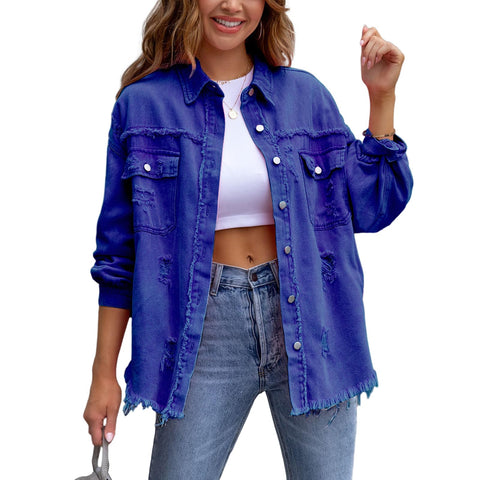 Bornpom Jean Jacket Womens Denim Jacket Oversized Long Sleeve Denim Shacket Lightweight Frayed Ripped Distressed Jean Coat Blue XL