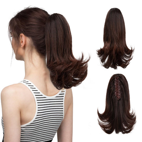 CJL HAIR 12Inch Claw Ponytail Extension Brown to Dark Auburn Short Curly Pony tails Clip in Hair Extension Synthetic Hairpiece for Women Girls