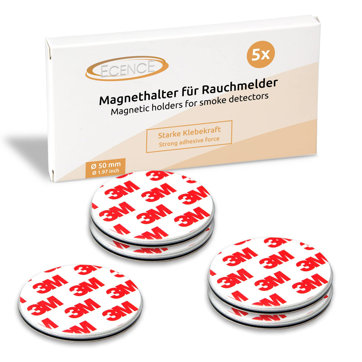 ECENCE 5pcs Magnetic Smoke Detector Mount Magnetic Adhesive Pads For Smoke Alarms Ø 50mm - Fast & Safe Mounting - No Drilling Or Screws - Fire Protection - Installation Tool
