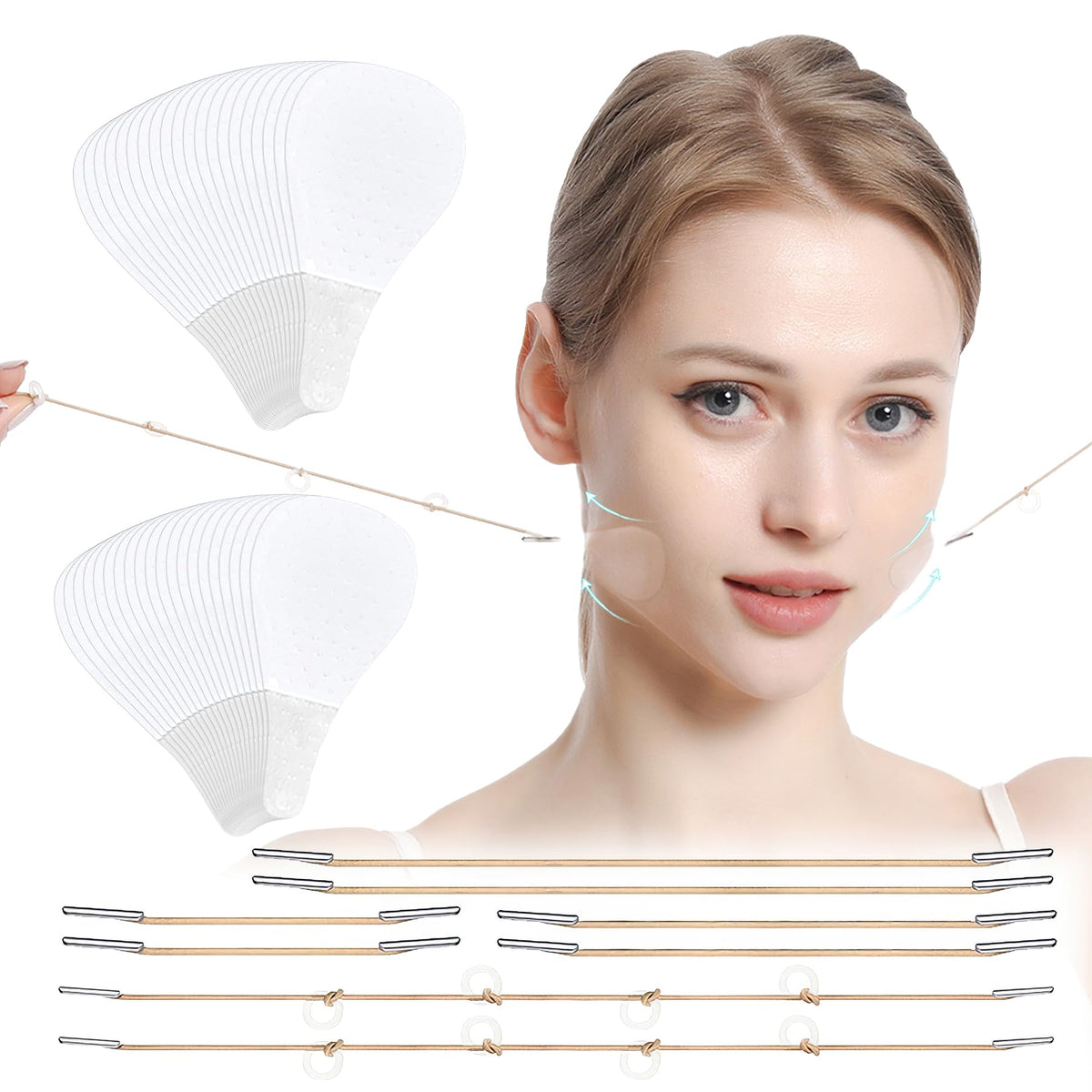 Face Lift Tapes, Invisible Stickers with Fixed Rope, Instant Wrinkle Lifting Patches Neck Eye Tape for V-Line Face(8pcs Elastic Bands 40pcs Replacement Tapes)