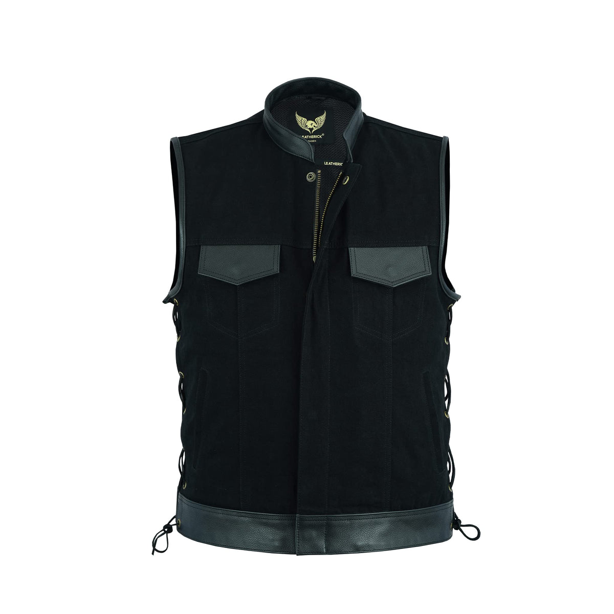 Leatherick Mens Side Lace Black Denim Vest with Leather Trims for Motorcycle Bikers (5XL)