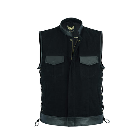 Leatherick Mens Side Lace Black Denim Vest with Leather Trims for Motorcycle Bikers (5XL)