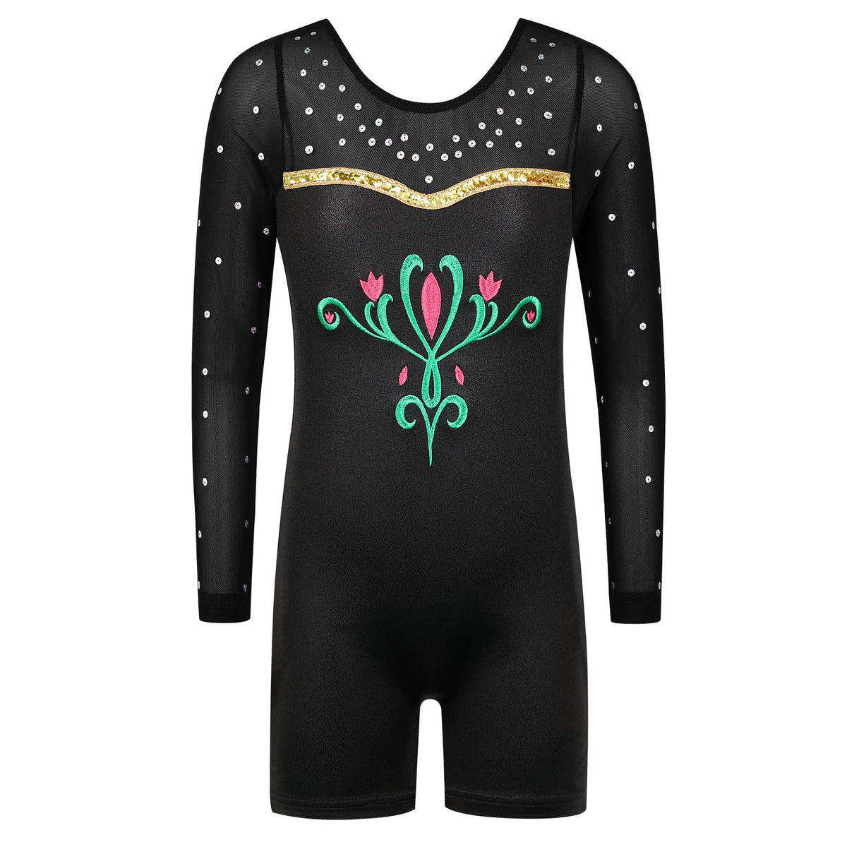 BAOHULU Leotard for Girls Gymnastics Toddler Tank Biketards Shorts Shiny Mesh Kids Dancewear HB217_BlackFlower_130