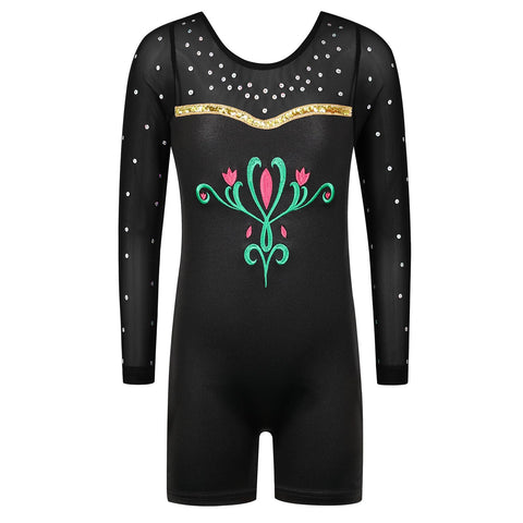 BAOHULU Leotard for Girls Gymnastics Toddler Tank Biketards Shorts Shiny Mesh Kids Dancewear HB217_BlackFlower_130